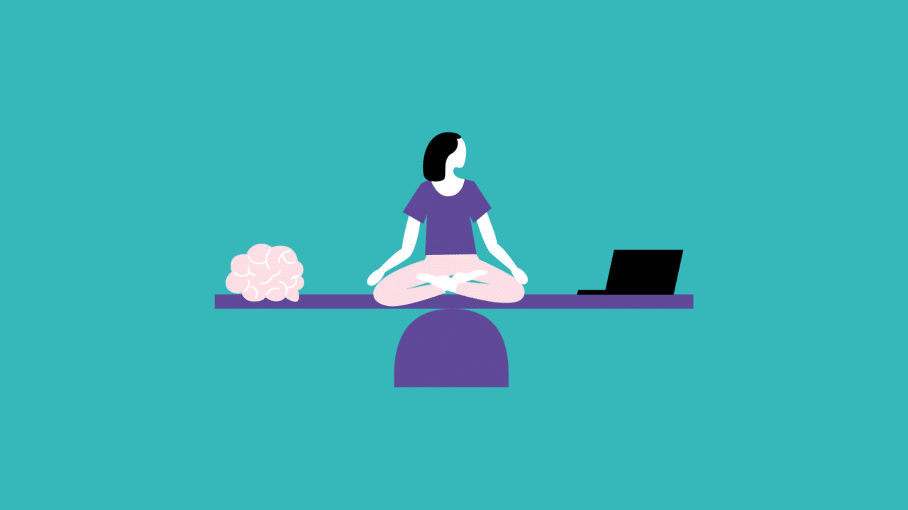 Illustration of a woman sitting on a see saw with an image of the brain on one side and a laptop on the other, symbolizing mental health over work.